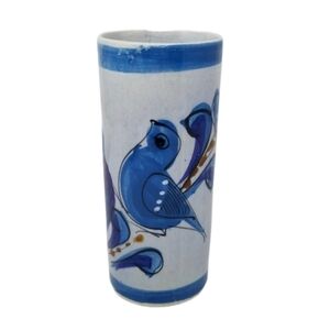 Ken Edwards Tonala Mexican Folk Art Pottery Vase Glazed Tumbler Bird Blue Floral